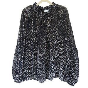 ELOQUII ELEMENTS Black Sheer Velvet Polka Dot Blouse‎ Size 22/24 Ruffle Neck